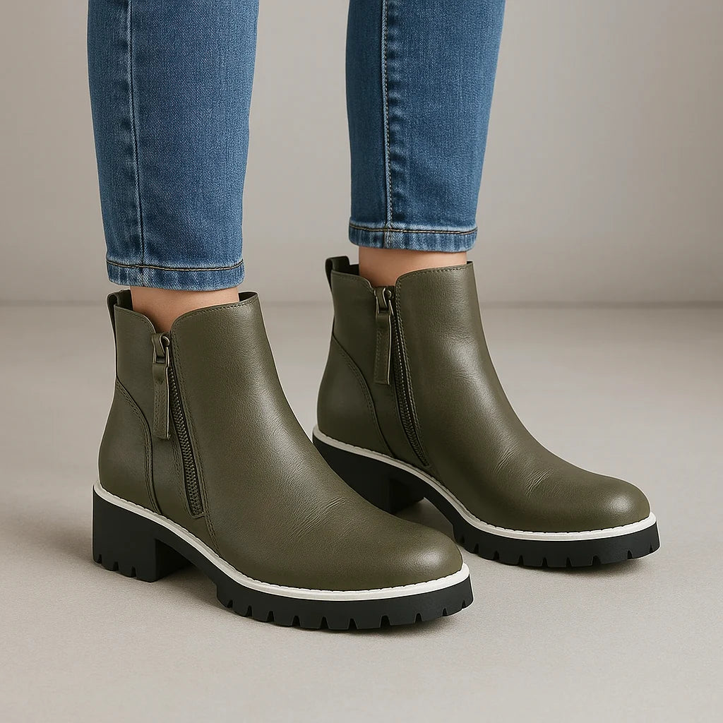 LE SANSA East Olive boots with leather tag, stylish ankle-length leather footwear from LE SANSA brand.