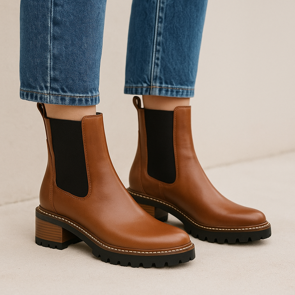 Eos Linear Brandy Boots displayed on a stand, stylish ankle boots with a sleek design and textured finish.