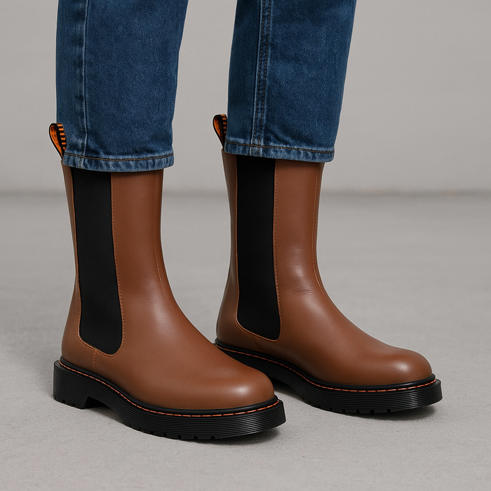 Le Sansa Lesansa Danny Cognac boots, brown leather ankle boots with stylish design, displayed on a neutral background.