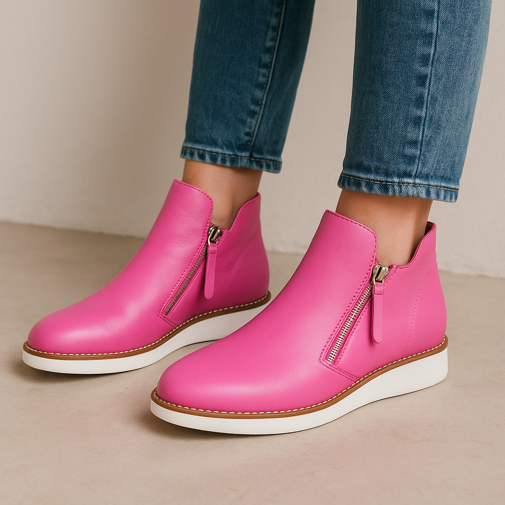 Le Sansa Ronnie hot pink boots, stylish ankle boots with vibrant pink color and modern design, shown in a lifestyle setting.
