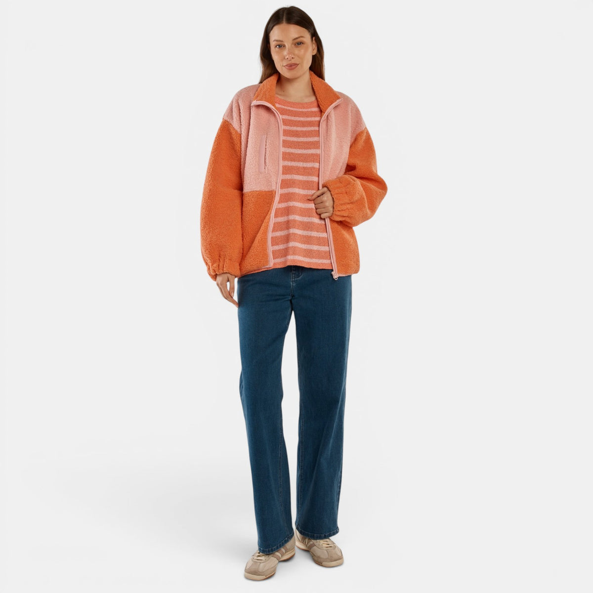 Betty Basics Jayne fleece jacket in vibrant pink and orange, cozy blazer-style coat with a soft fleece texture.