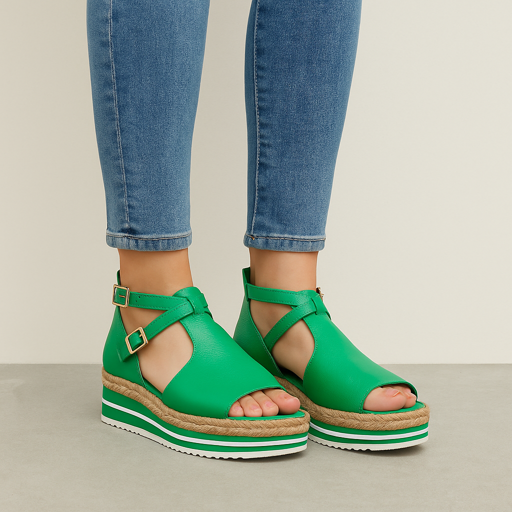 Django & Juliette Alexys emerald green sandals with ankle straps and open toe design, stylish footwear for warm weather.
