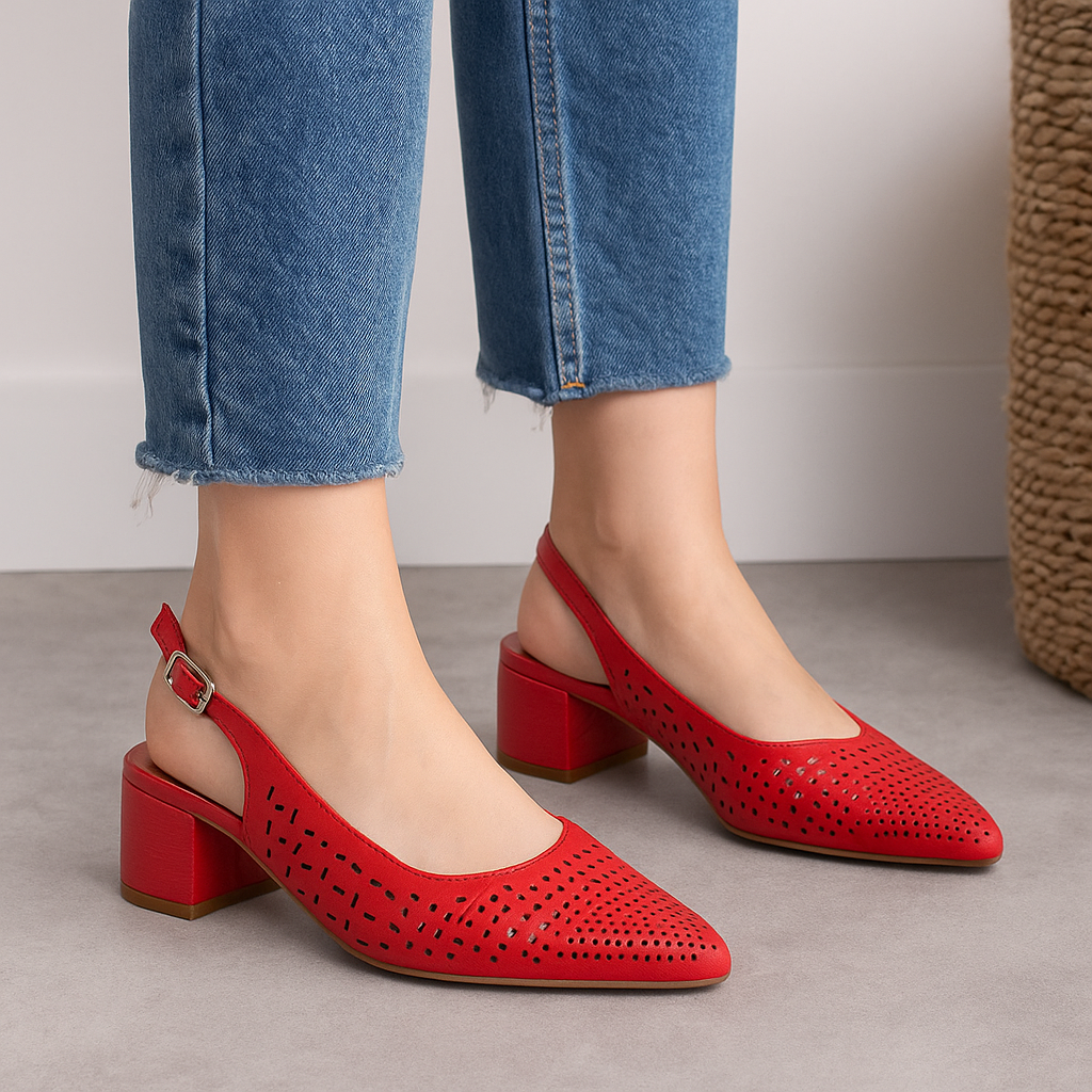 Red Le Sansa Sansa Drusilla sandals with stylish straps and low heel, perfect for casual or dressy summer wear.