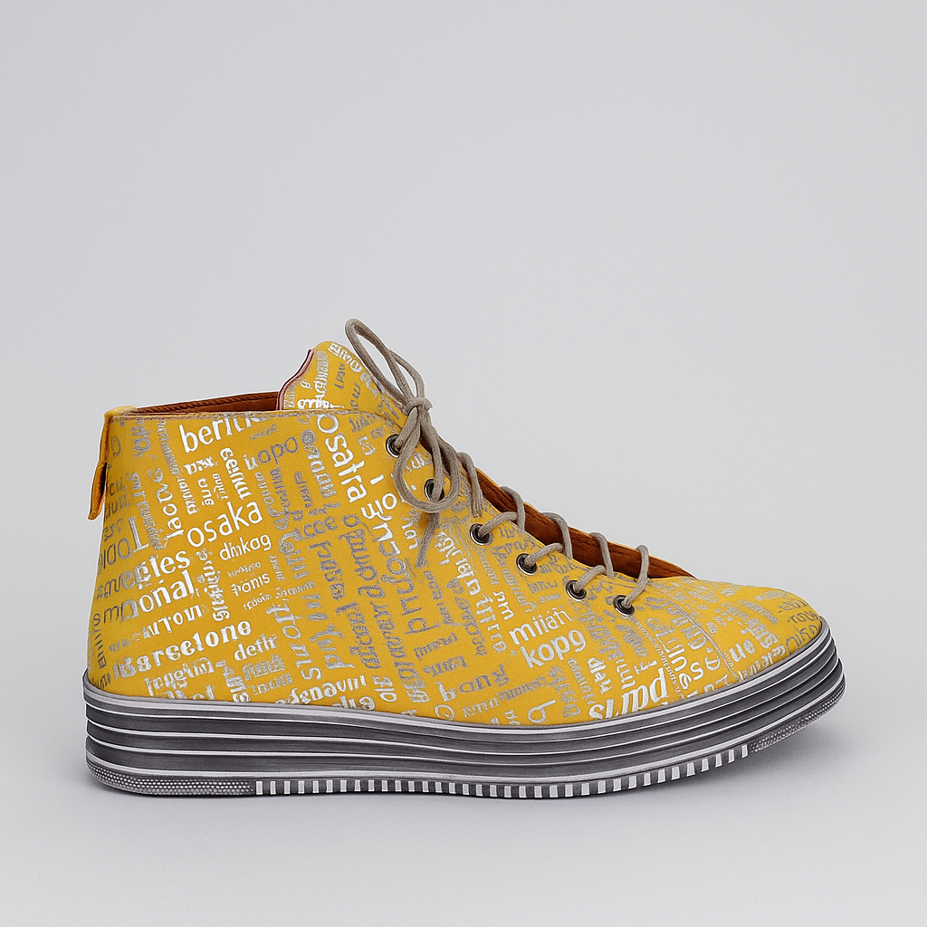 Le Sansa Vivid Mustard Print boots with bold yellow and city-inspired design, stylish and eye-catching footwear for casual wear.