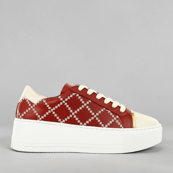 ALFIE & EVIE Frankie Cream Rosso sneakers featuring stylish platform design, white and red color accents, and trendy urban footwear style.