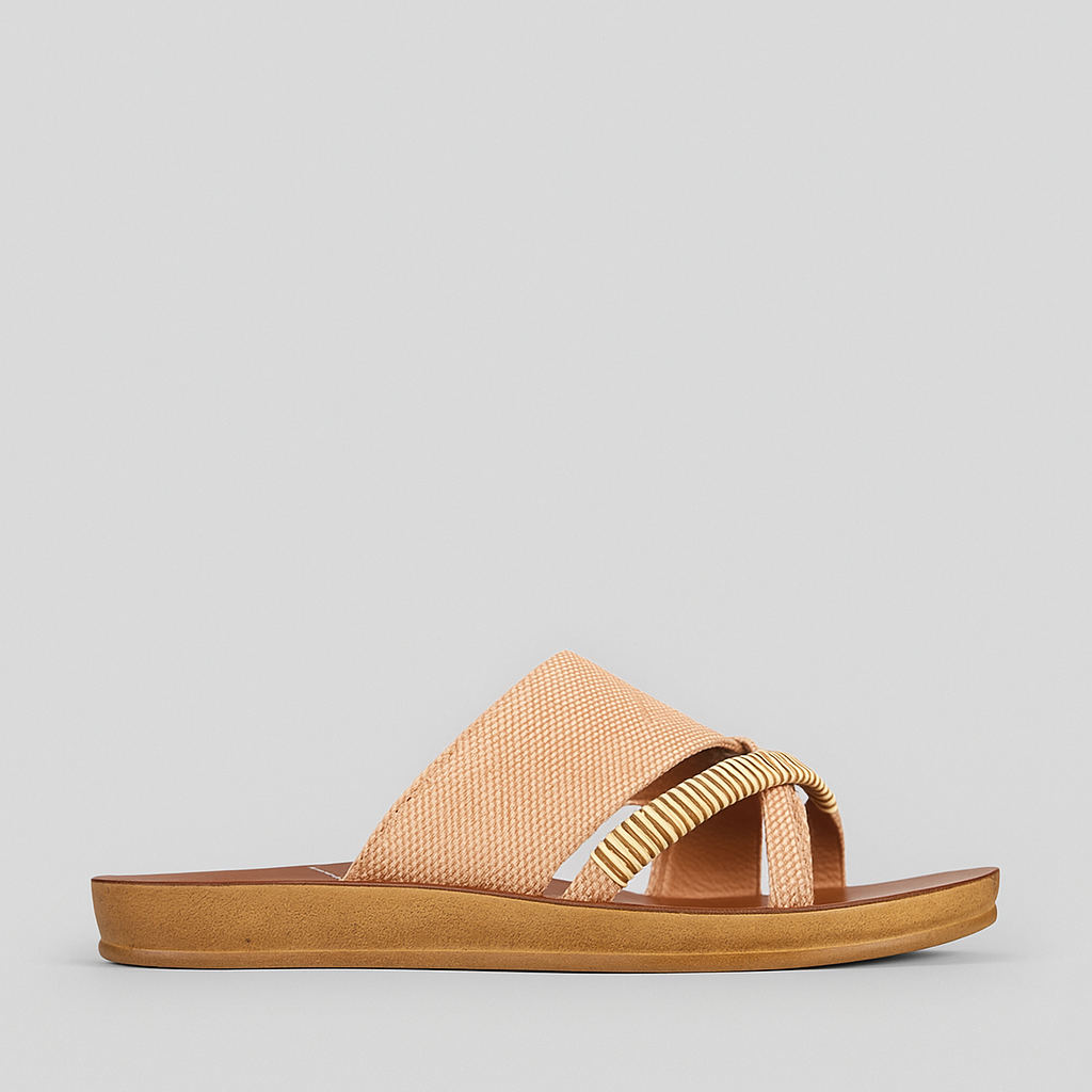 LOS CABOS Bride Caramel Raffia slip-on sandals with beige ruffle detail, casual and stylish footwear for warm-weather occasions.