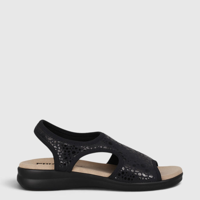 Euroflex Tuscany Black Leo sandals with leopard-print straps on a grey background