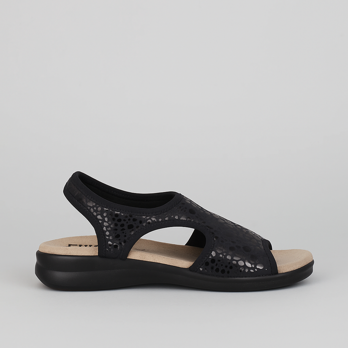 Euroflex Tuscany Black Leo sandals with black straps and cushioned sole, displayed on a grey background.