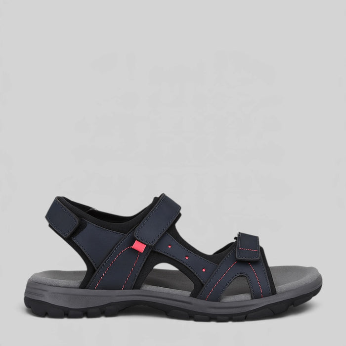 Black Cabello Trekk Navy sandals displayed on a stand, featuring open toes and adjustable straps for comfortable summer wear.