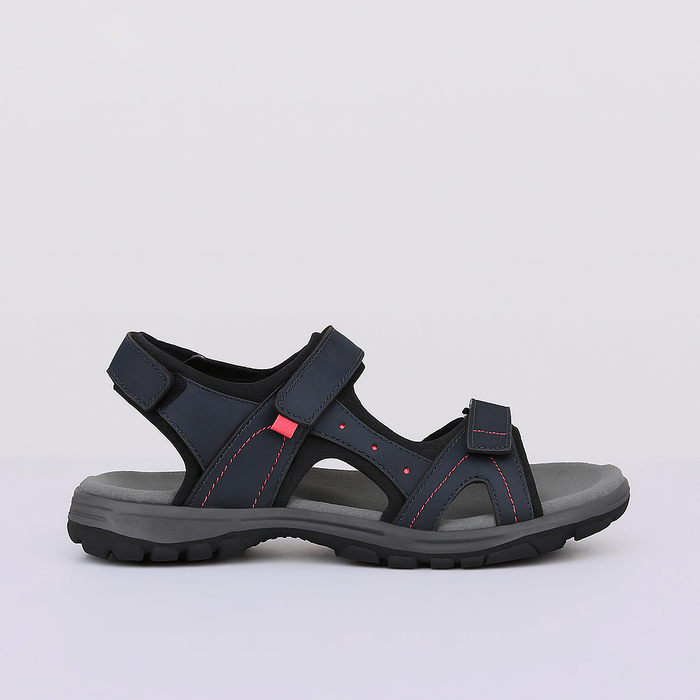 CABELLO Trek navy sandals displayed on a stand, featuring open-toe design and cushioned straps for comfortable wear.
