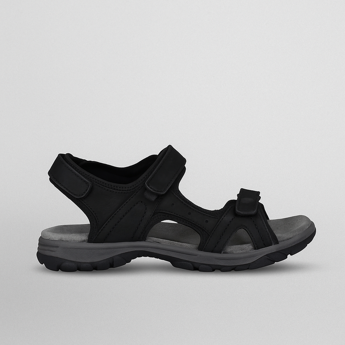 Side view of CABELLO TREK BLACK sandals with black straps and cushioned sole, showcasing a stylish and comfortable footwear design.