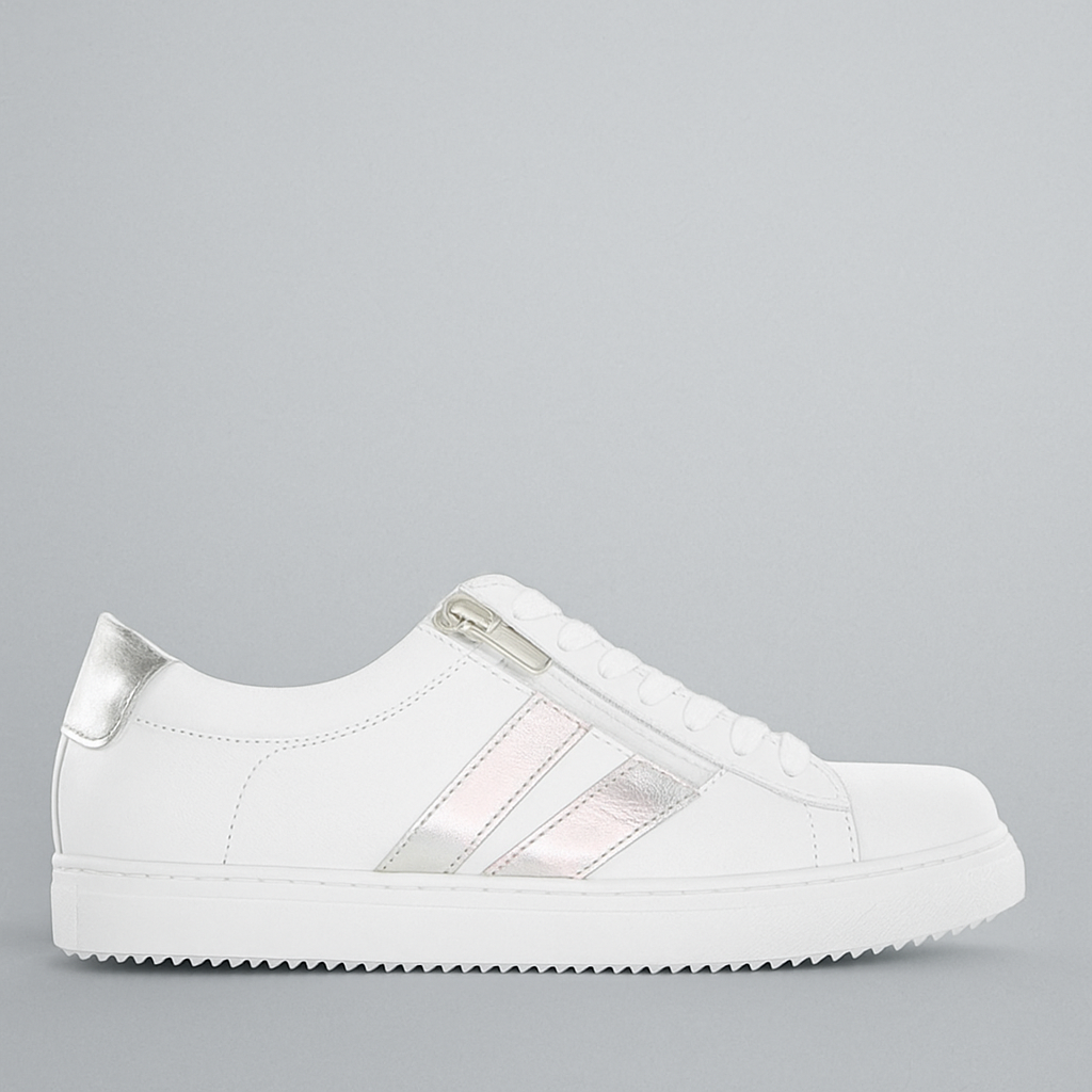 CABELLO Ultimate White Silver sneakers featuring a sleek white design with silver accents and stylish laces.