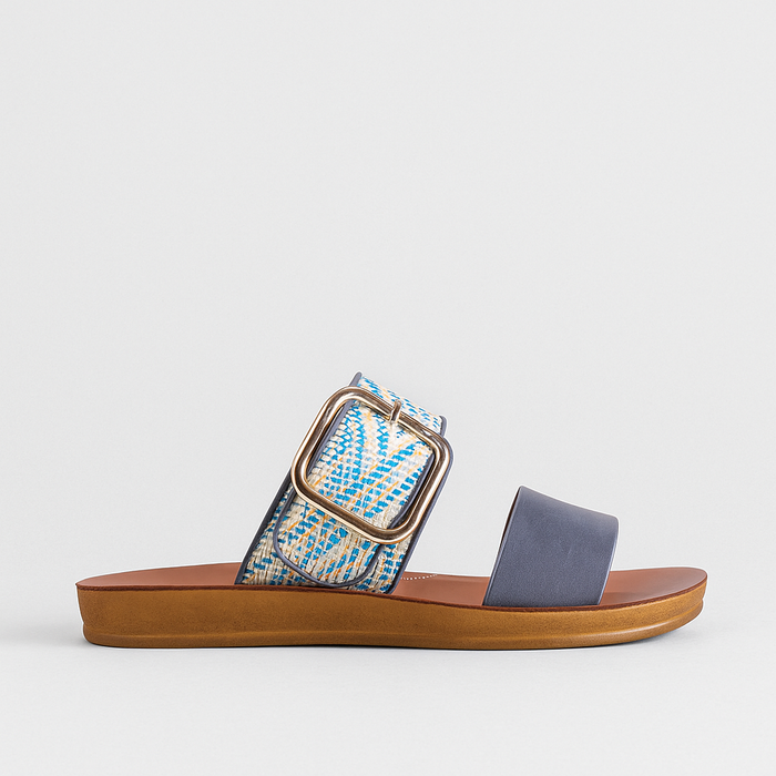 Los Cabos Doti Navy Multi flats with stylish buckled straps and multi-colored dot pattern, casual slip-on footwear for women.