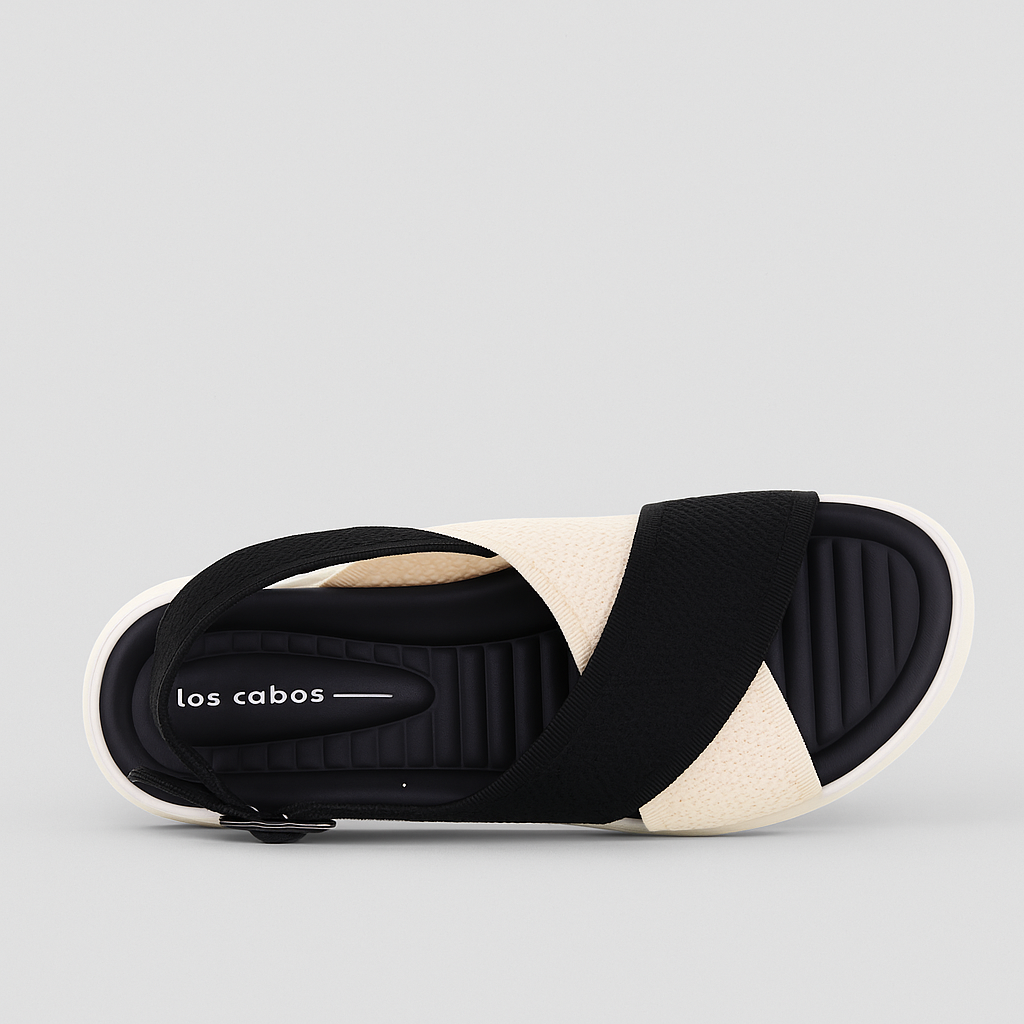 Black Los Cabos Bogota sandals displayed on a neutral background, showcasing their sleek design and comfortable open-toe style.