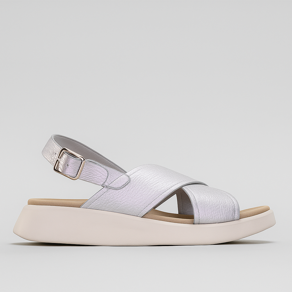 Los Cabos Bogota Silver sandals with sleek silver straps and open-toe design, showcasing stylish summer footwear.