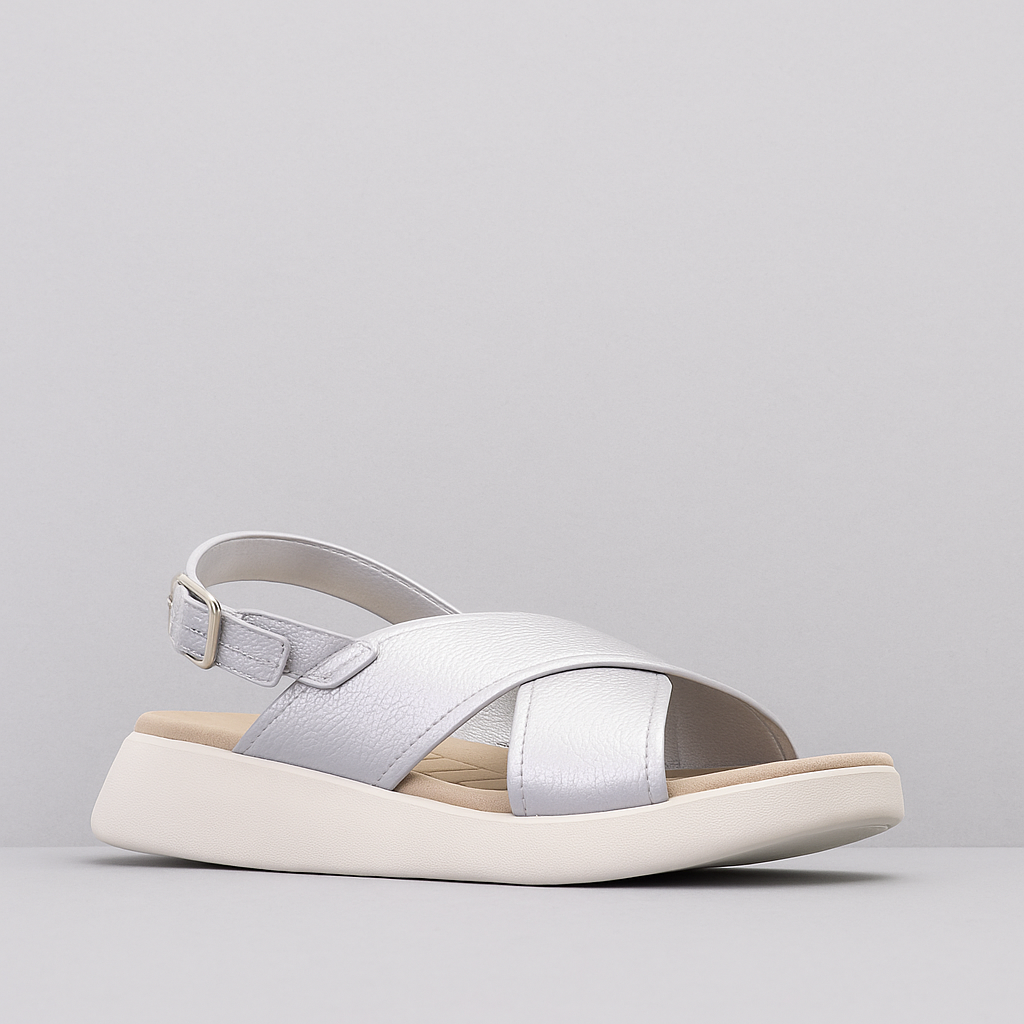 Silver strap sandal from Los Cabos Bogota collection, featuring sleek design and comfortable fit.
