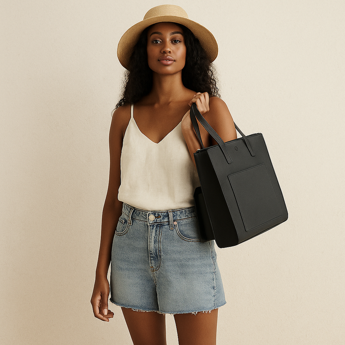 Second Nature BLACK handbag with sleek design, featuring sturdy handles and stylish accents, perfect for summer outfits.