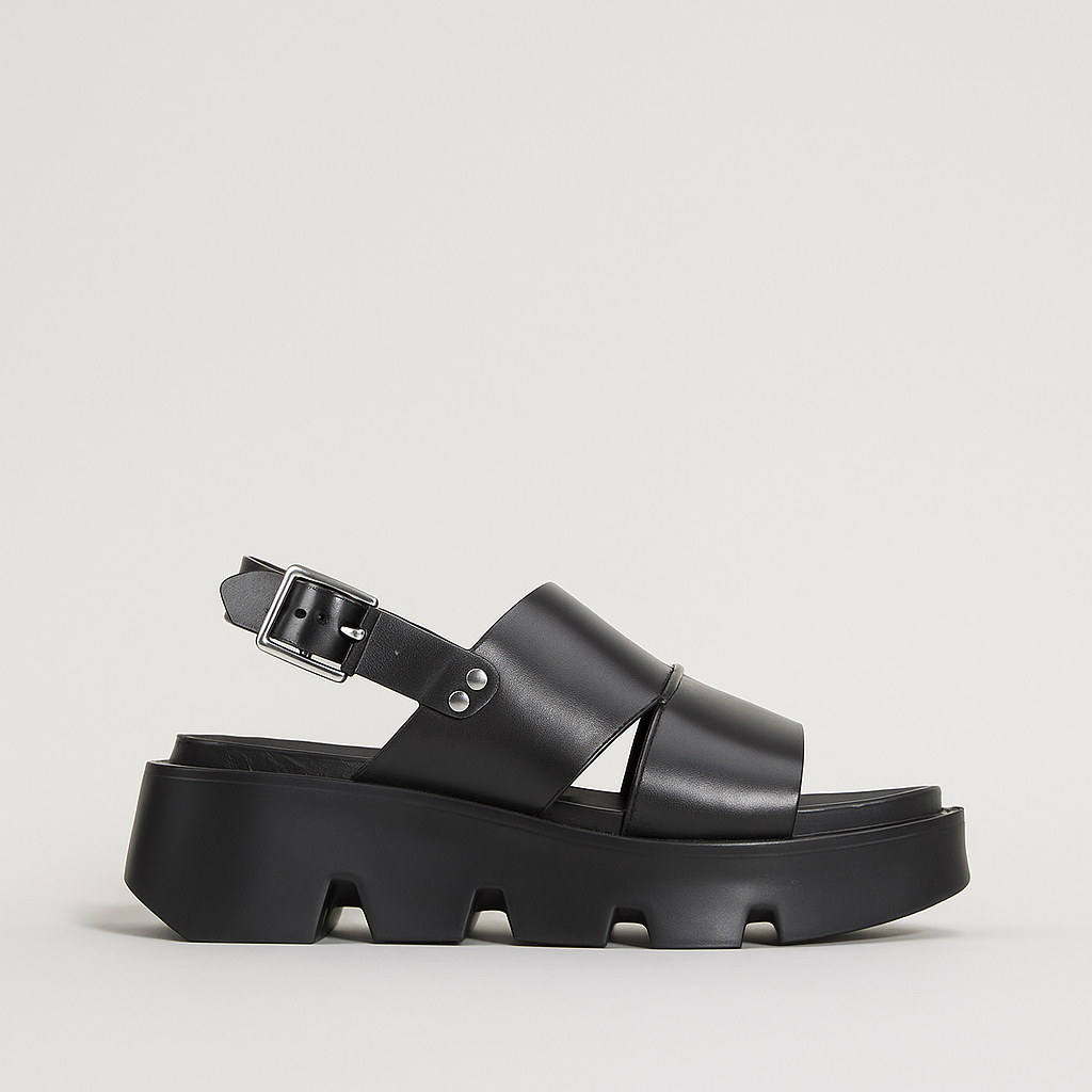 Eos Kaily black platform sandals with chunky heel and open toe, stylish footwear for casual or dressy occasions