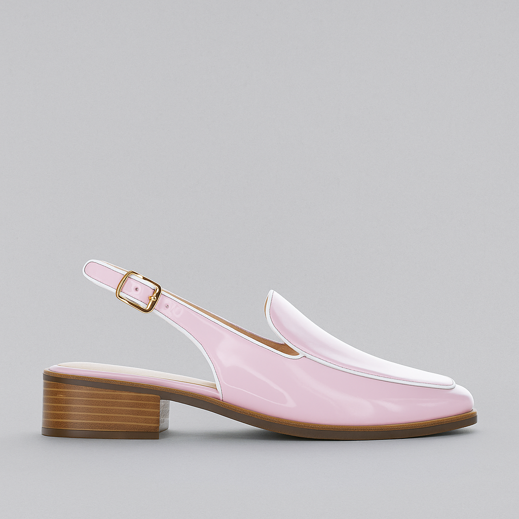 Pink patent slingback loafers from Le Sansa Sandals, stylish and comfortable footwear with a sleek design.