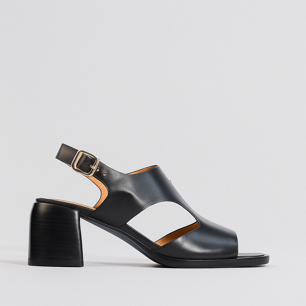 Eos Isora black heeled sandals with open toes and ankle straps, stylish footwear for women.