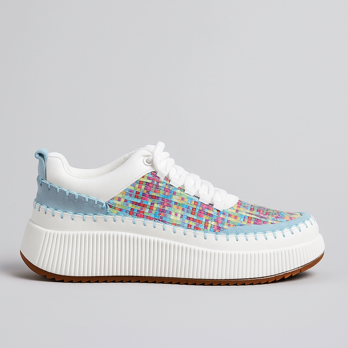 Colorful Le Sansa Lesansa Donn Blue multi sneakers with vibrant patterns and comfortable design, perfect for casual wear.