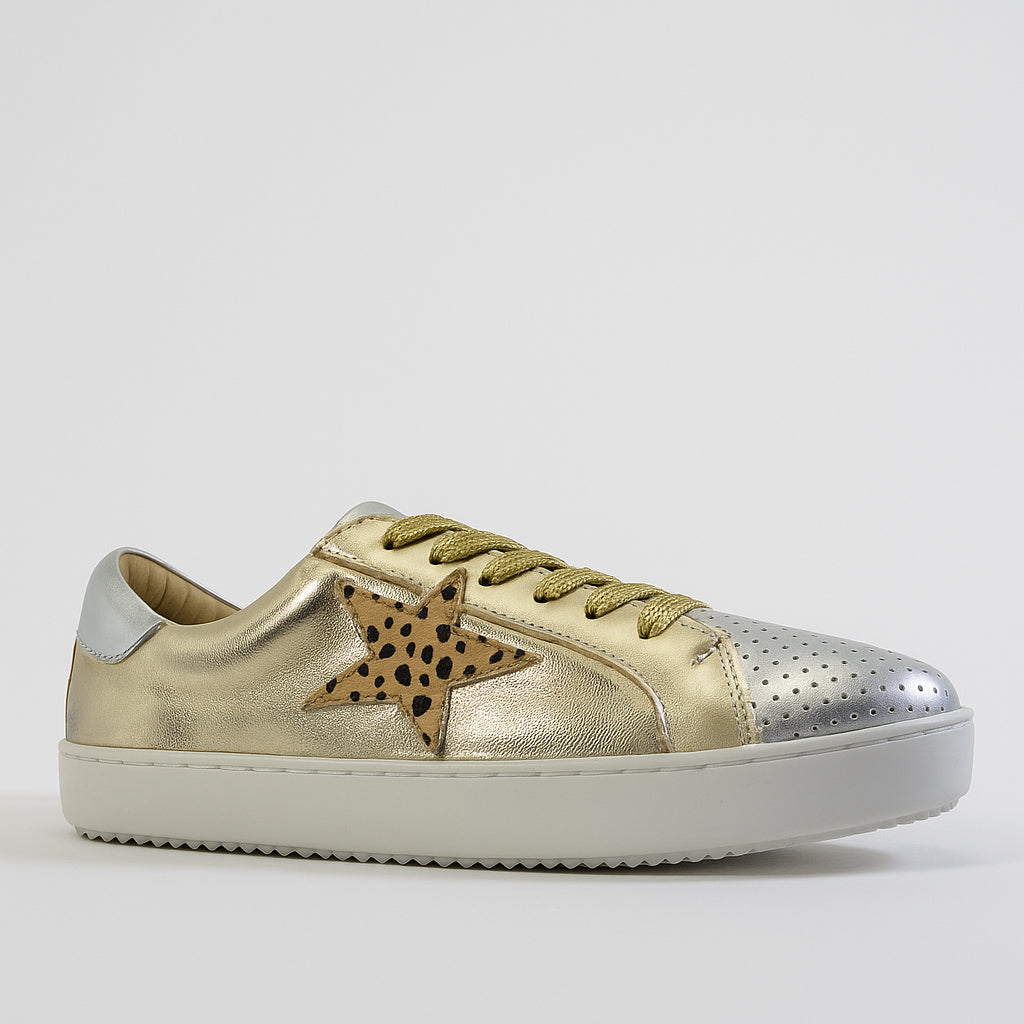 ALFIE & EVIE Valdo Gold Silver sneakers with star details, stylish casual footwear for men and women.