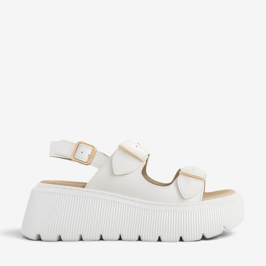 White LE SANSA Ceno platform sandals with chunky soles and open toe design, displayed on a clean background.