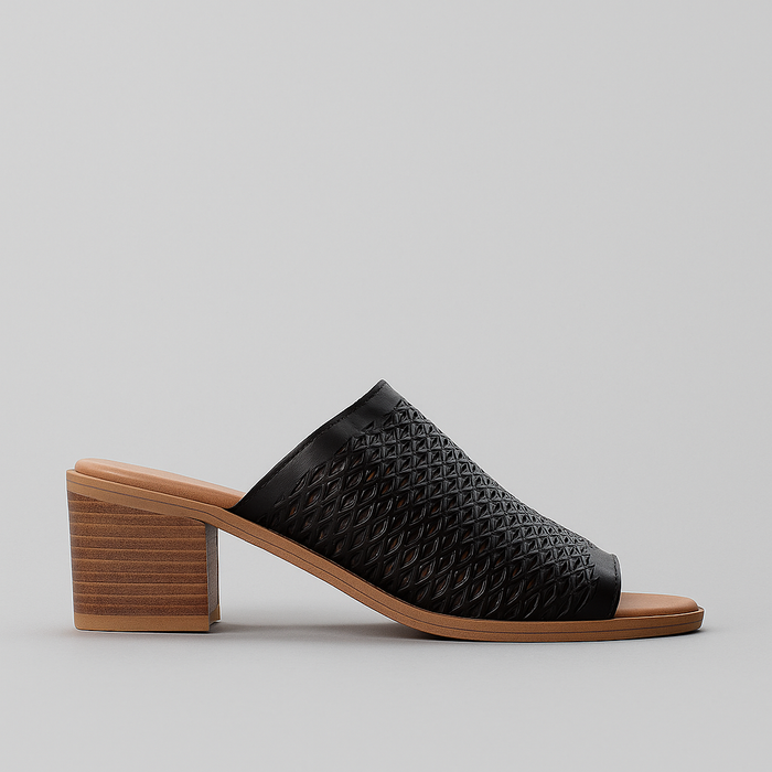Black LESANSA LOVIA II heels by Le Sansa, stylish open-toe sandals on a grey background, showcasing the elegant design.