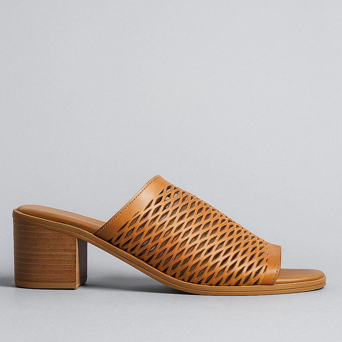 Le Sansa Lesansa Lovia II tan woven heel shoes on grey background, showcasing stylish open-toe heels with woven detailing.