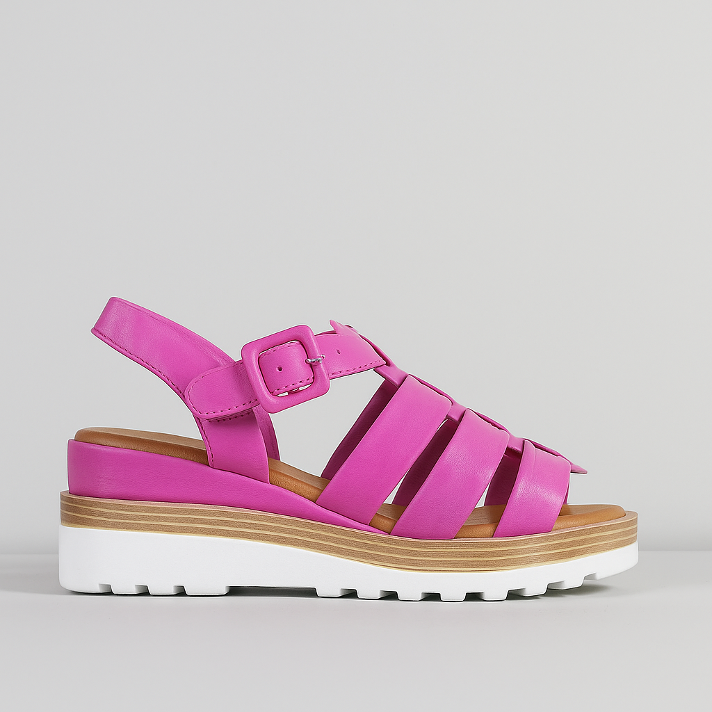 Le Sansa Toast Hot Pink sandals with open-toe design and ankle straps, stylish footwear for casual wear.