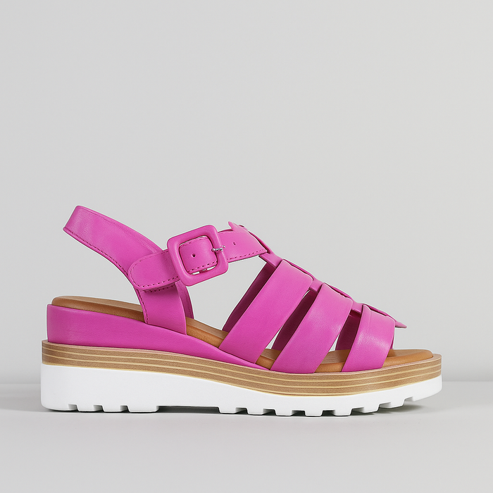 Le Sansa Toast Hot Pink sandals with open-toe design and ankle straps, stylish footwear for casual wear.
