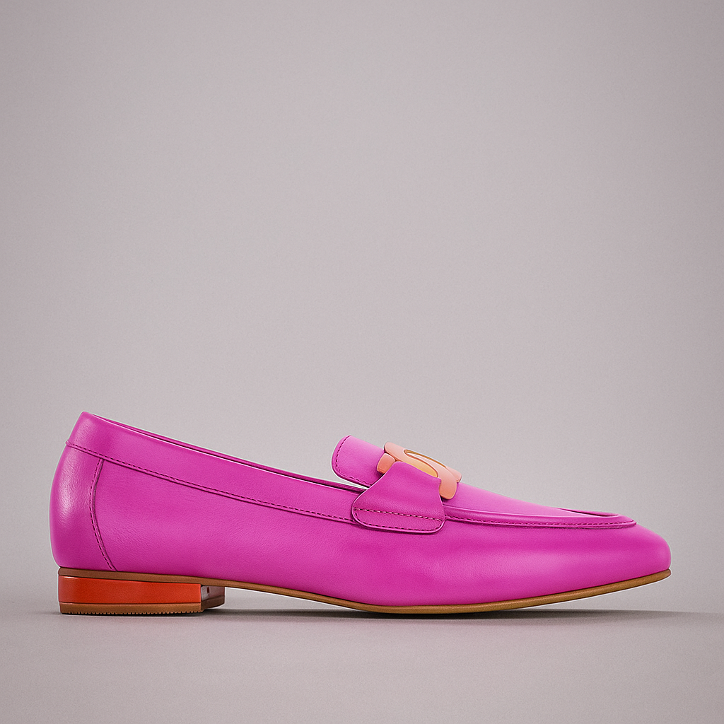 Pink and orange Naked Arches Jap Fuchsia Loafers with sleek design, showcased on a neutral background.