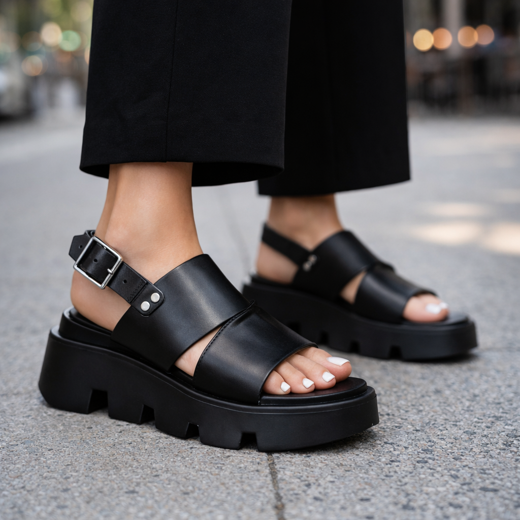 Eos Kaily black sandals with stylish strap design, open-toe slip-on footwear for casual and summer wear