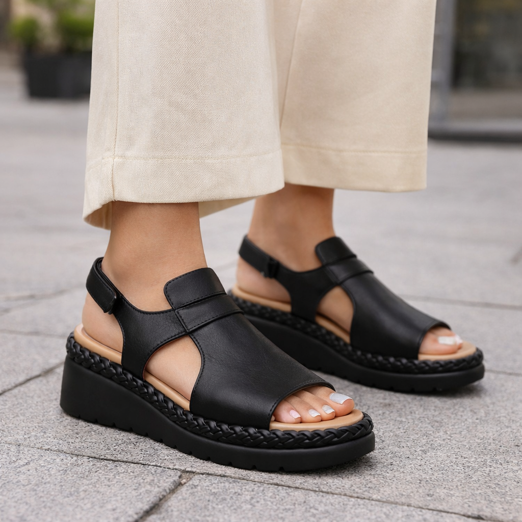 Black Le Sansa Sansa Emmeline sandals with strappy design and chunky heel, perfect for stylish summer footwear.