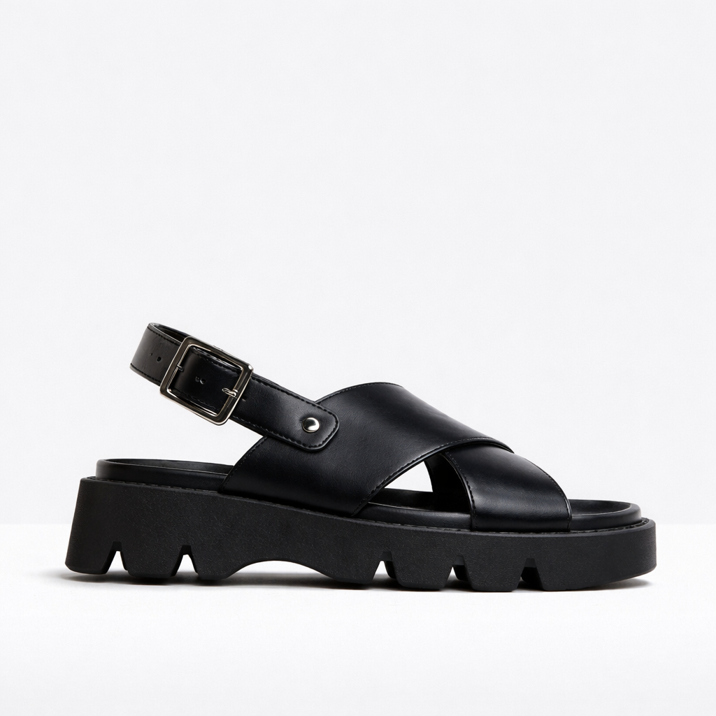 EOS Monnis black sandals with open toes and ankle straps displayed on a grey background.