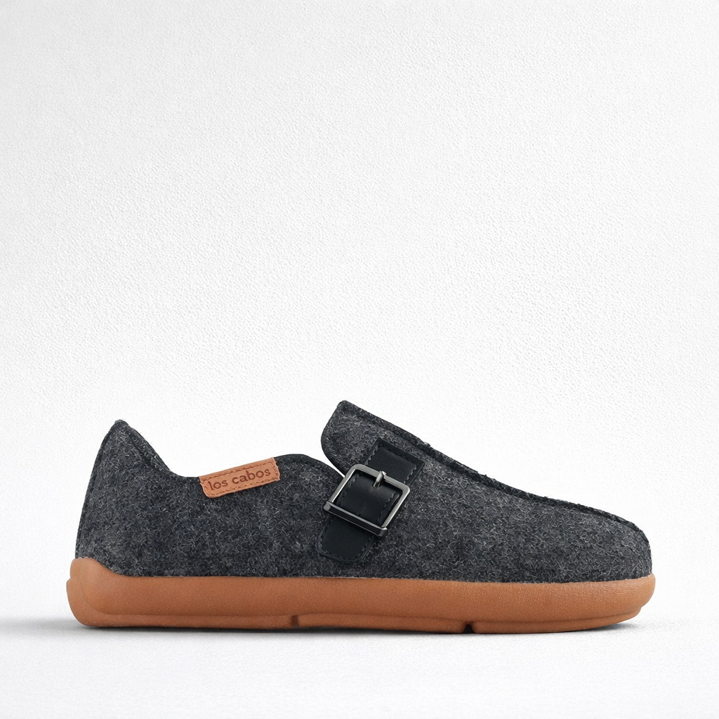 Los Cabos Feltsome Graphite slippers with soft felt material and comfortable slip-on design, shown in a close-up image.