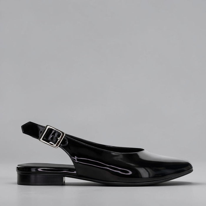 NAKED ARCHES Zodiac Black Patent sandals with sleek black patent straps and open toe design for stylish comfort.
