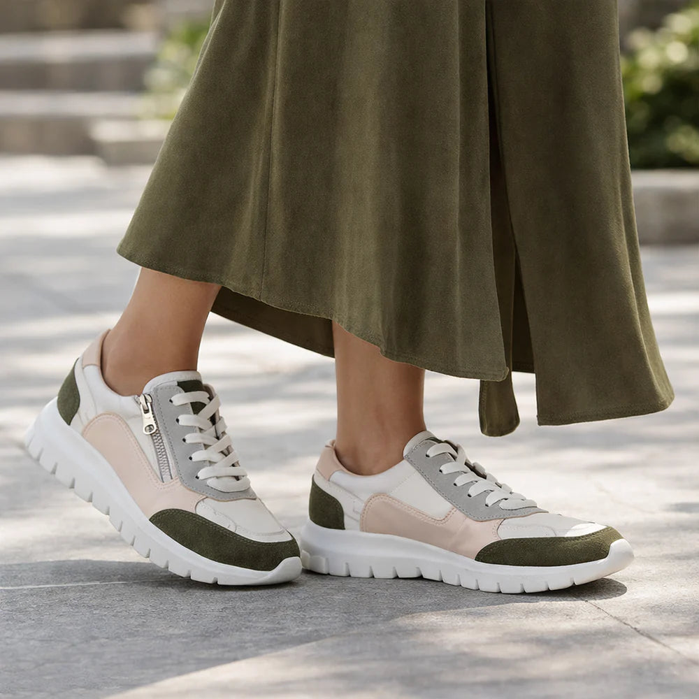 Le Sansa Ryder white blush green sneakers with stylish design and mixed color accents, shown from a side view.