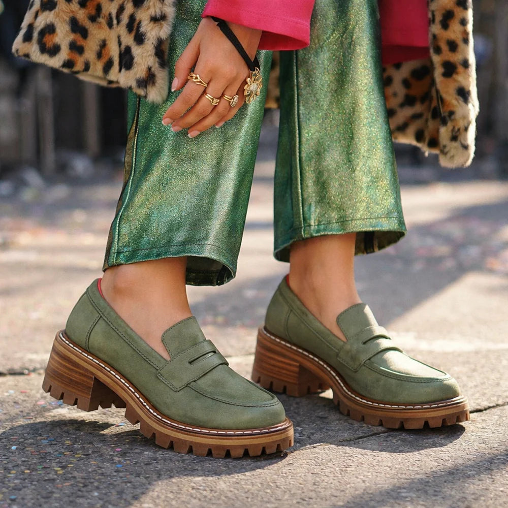 Le Sansa Zoey DK olive casual shoes with laces, stylish design, and comfortable fit, shown in a close-up image.