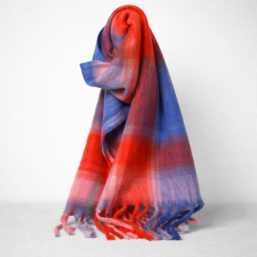 Minx multi-check scarf in electric pop colors, showcasing a stylish patterned fabric with vibrant red, black, and white checks.