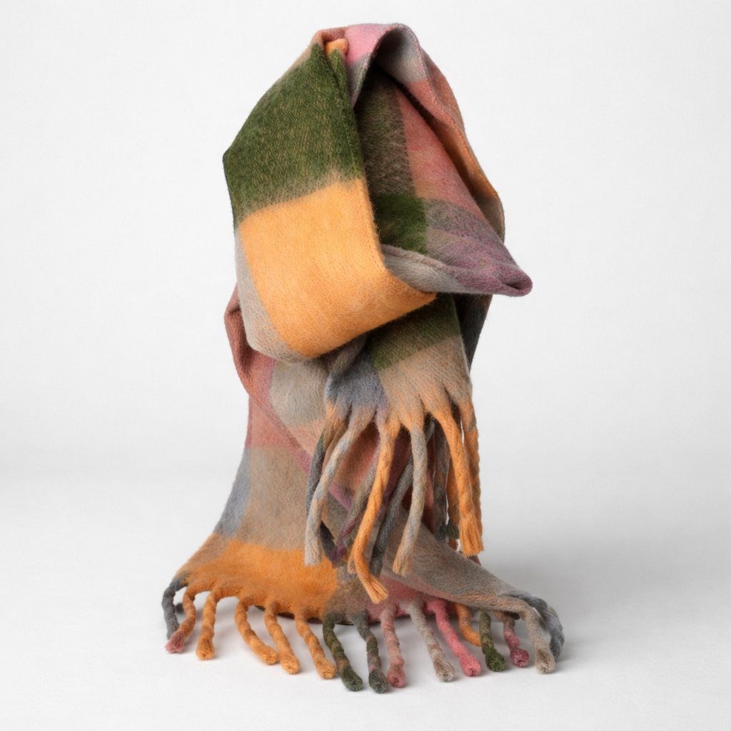 Minx peach-colored multi-check scarf with a soft, lightweight fabric and stylish pattern, perfect for adding a touch of elegance to outfits.