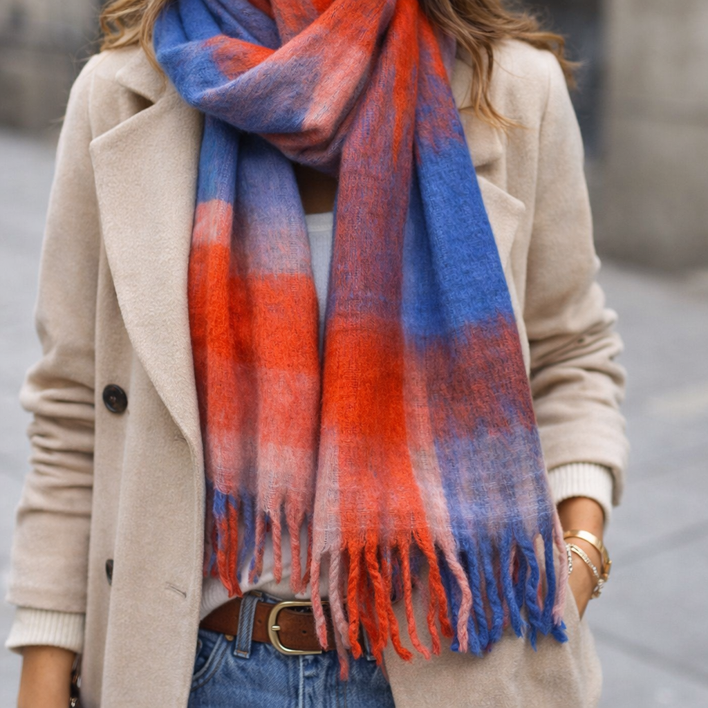 Minx multi-check electric pop scarf featuring a vibrant, patterned fabric with a stylish, modern design.