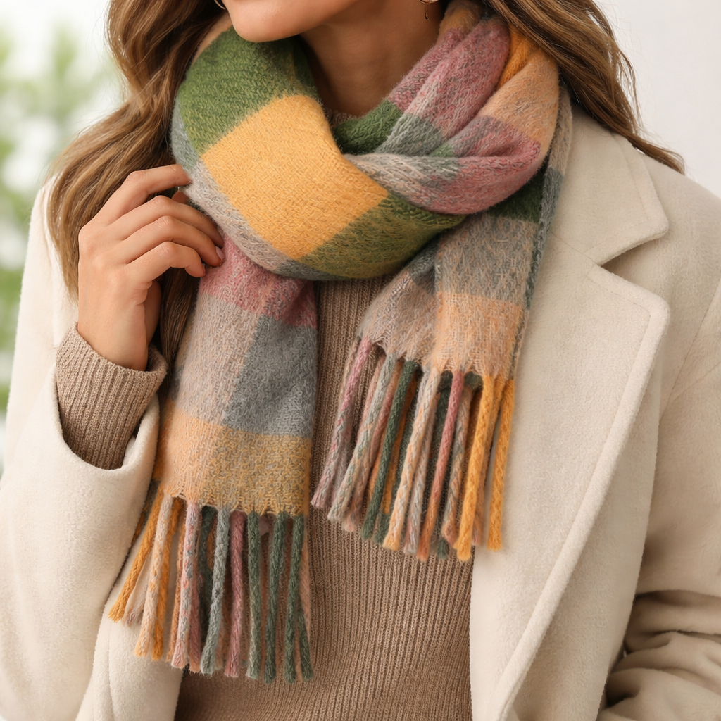 Minx Peachy multi-check scarf featuring a vibrant pattern, lightweight fabric, and stylish design for versatile accessorizing.