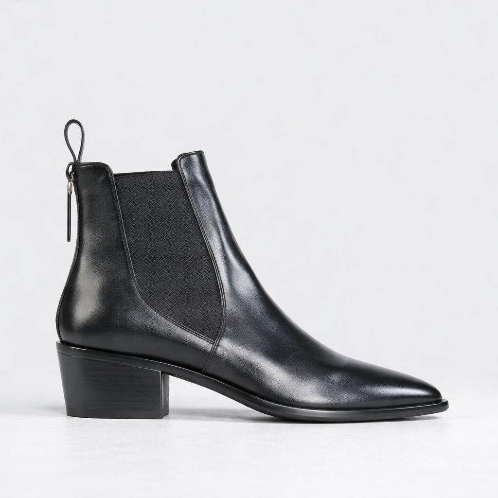Black EOS ILA boots with sleek design and ankle-high style, featuring smooth material and modern silhouette.