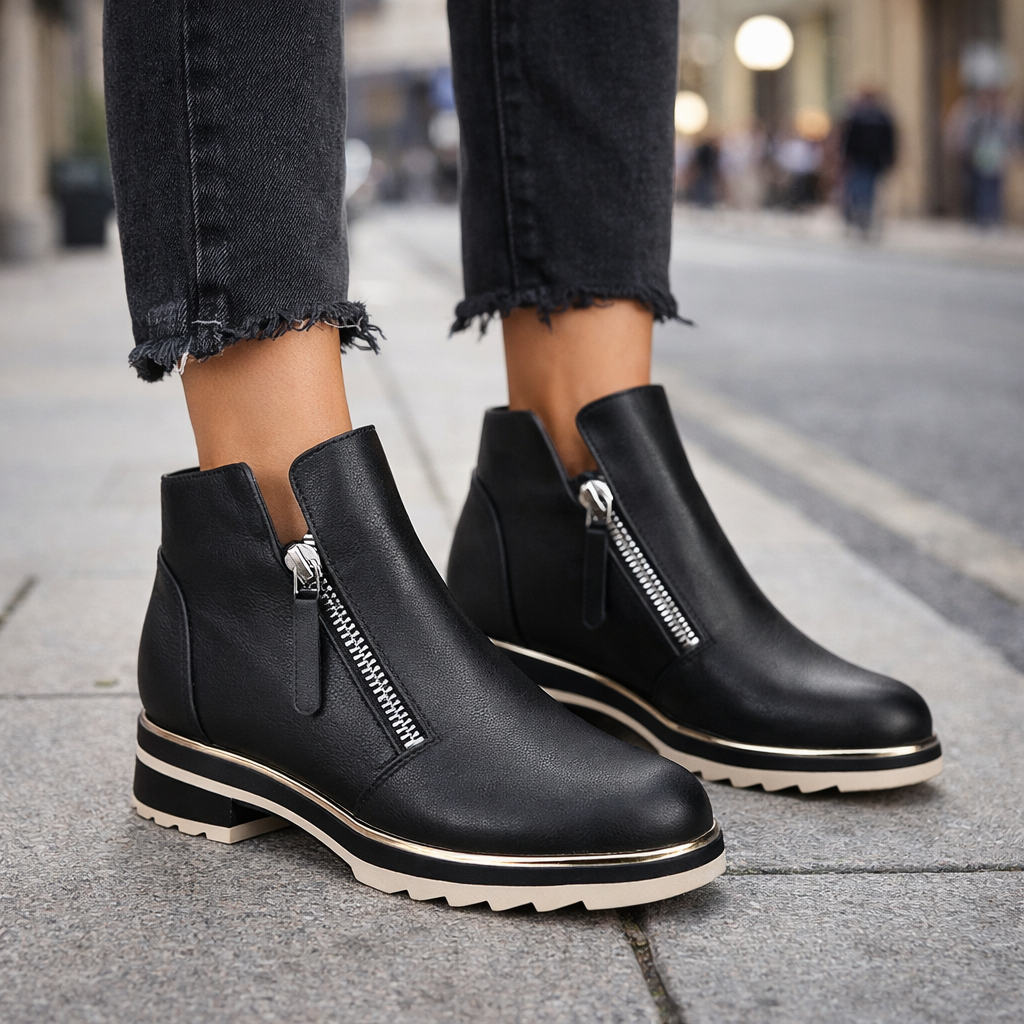 Black leather Le Sansa Basel boots with sleek design and lace-up front, styled on a neutral background.