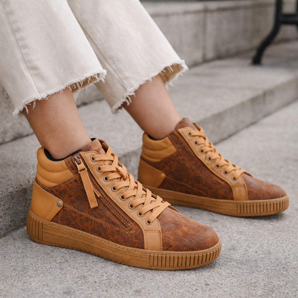 CABELLO Boho Tan boots with ankle-high design and stylish stitching, featuring a rounded toe and flat sole for casual wear.
