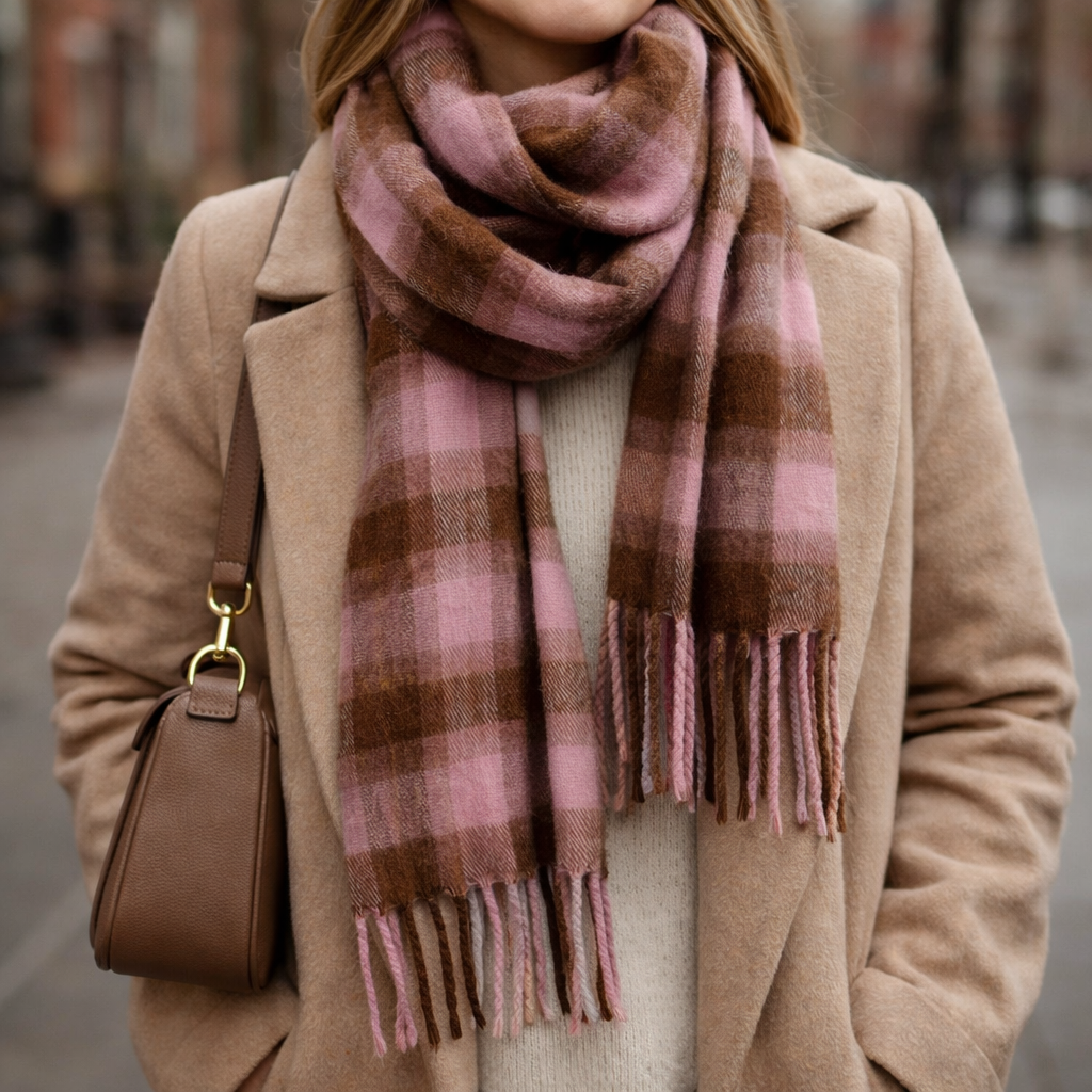 Minx baby pink checkers scarf featuring soft fabric and stylish pattern, perfect for adding cozy charm to baby's outfit.