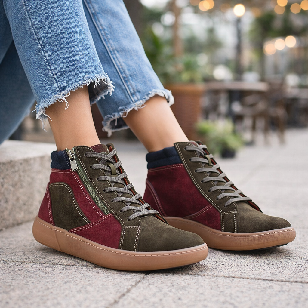 CABELLO Willora Khaki Multi Nuback boots with chunky soles and stylish multi-tone design, perfect for casual wear.