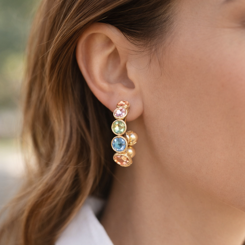 Multicolour creole earring by A & C Oslo featuring vibrant, multicoloured hoops with a stylish, bold design.