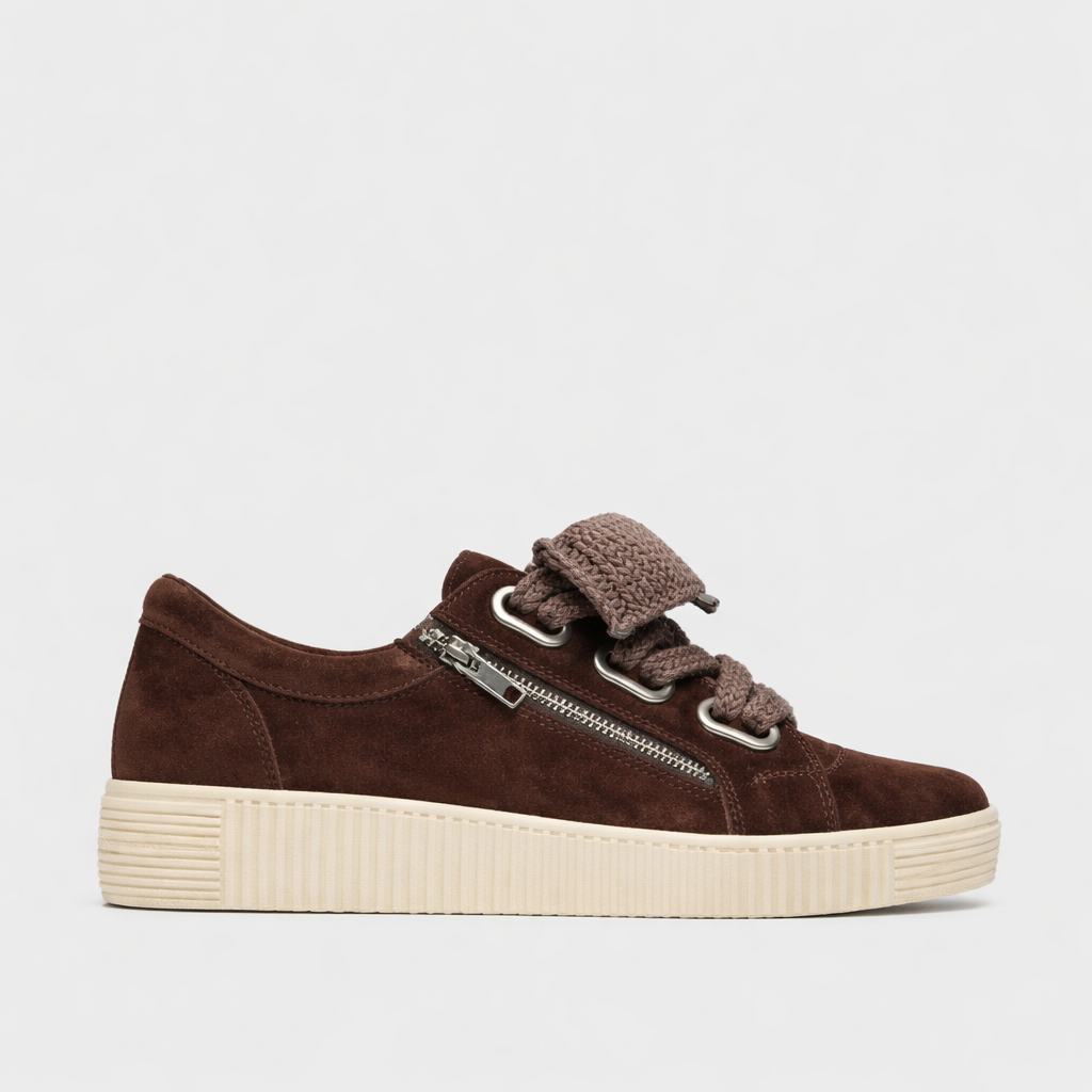 EOS Jovi Chestnut Suede Sneakers with white rubber soles and laced design, showcasing a stylish casual footwear option.